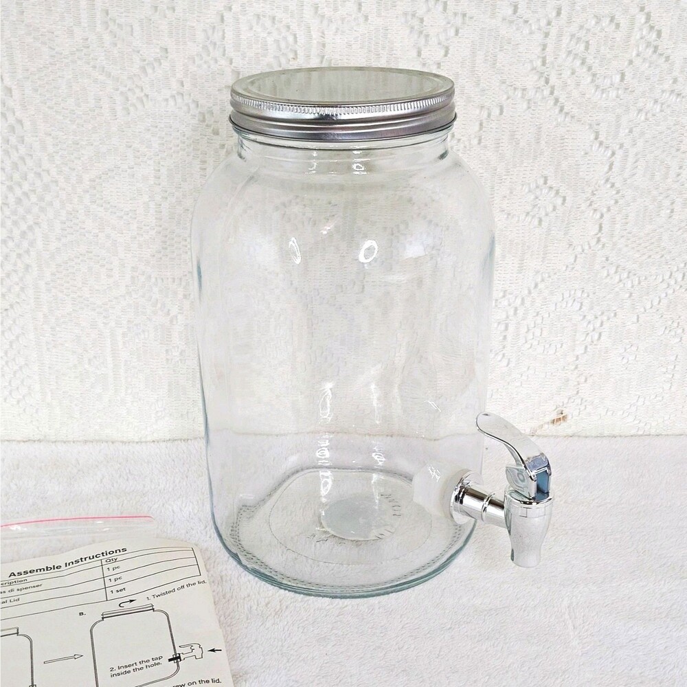Glass Beverage Dispenser Jar Clear Round Metal Lid Spigot 1 Gallon